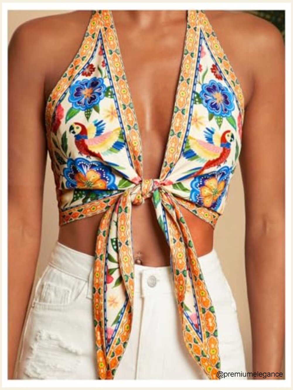 Floral Halter Crop Top Backless Tie Front Summer Blouse - Picture 4 of 5